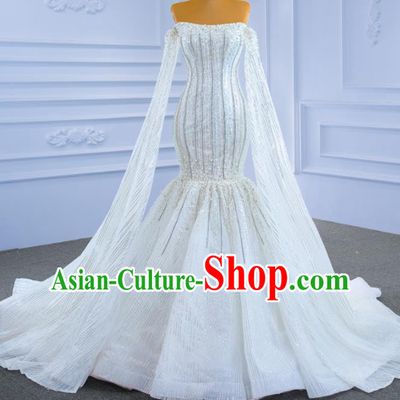 Custom Luxury Bridal Gown Embroidery Beads Wedding Dress Ceremony Formal Garment Bride White Trailing Dress Stage Performance Costume