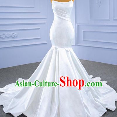 Custom Bride White Satin Trailing Dress Stage Show Costume Luxury Bridal Gown Fishtail Wedding Dress Ceremony Formal Garment