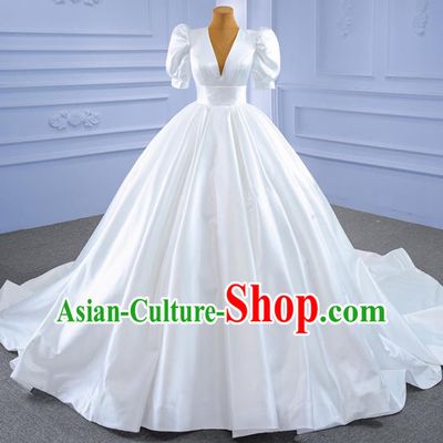 Custom Luxury Bridal Gown Vintage White Satin Wedding Dress Ceremony Formal Garment Bride Long Trailing Dress Stage Show Costume