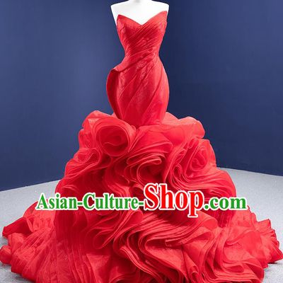 Custom Vintage Red Flowers Trailing Wedding Dress Ceremony Formal Garment Bride Full Dress Stage Show Costume Luxury Bridal Gown