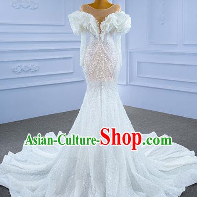 Custom Bride Embroidery Beads Full Dress Stage Show Costume Luxury Compere Clothing Vintage White Trailing Wedding Dress Ceremony Formal Garment