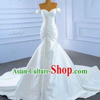 Custom Vintage White Satin Trailing Wedding Dress Ceremony Formal Garment Bride Embroidery Pearls Full Dress Stage Show Costume Luxury Compere Clothing
