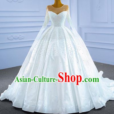 Custom Luxury Compere Clothing Vintage White Trailing Wedding Dress Ceremony Formal Garment Bride Embroidery Pearls Full Dress Stage Show Costume