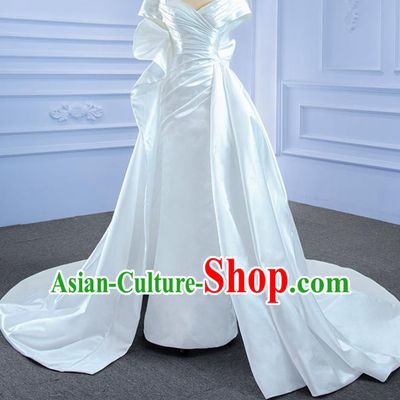 Custom Bride White Satin Full Dress Stage Show Costume Compere Clothing Vintage Luxury Trailing Wedding Dress Ceremony Formal Garment