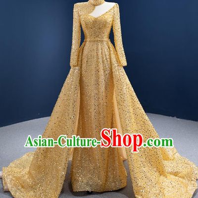 Custom Vintage Luxury Embroidery Sequins Wedding Dress Ceremony Formal Garment Bride Golden Trailing Full Dress Stage Show Costume Compere Clothing