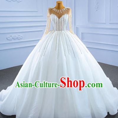 Custom Catwalks Costume Compere Stage Clothing Luxury White Trailing Wedding Dress Marriage Ceremony Formal Garment Bride Vintage Embroidery Sequins Full Dress