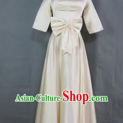 Top Women Chorus Garment Costume Annual Meeting Performance Clothing Bridesmaid Beige Satin Full Dress Compere Formal Attire