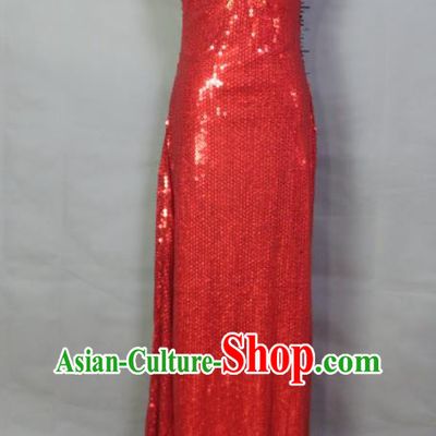 Top Compere Formal Attire Women Chorus Performance Garment Costume Annual Meeting Catwalks Clothing Bridesmaid Red Sequins Full Dress