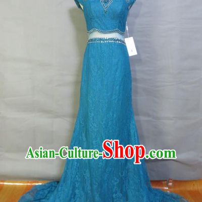 Top Bridesmaid Blue Full Dress Compere Formal Attire Women Catwalks Garment Costume Annual Meeting Clothing