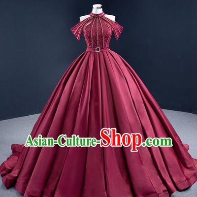 Custom Catwalks Formal Costume Compere Vintage Clothing Luxury Wedding Dress Ceremony Garment Marriage Bride Wine Red Trailing Full Dress