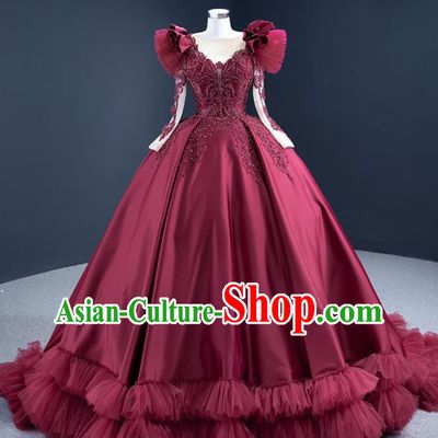Custom Luxury Wedding Dress Ceremony Embroidery Sequins Garment Marriage Bride Wine Red Trailing Full Dress Catwalks Formal Costume Compere Vintage Clothing