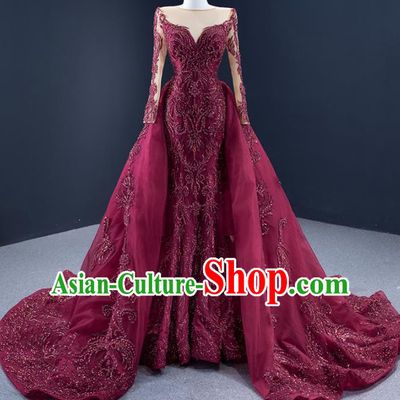 Custom Catwalks Formal Costume Compere Vintage Clothing Luxury Wedding Dress Ceremony Embroidery Sequins Garment Marriage Bride Wine Red Full Dress