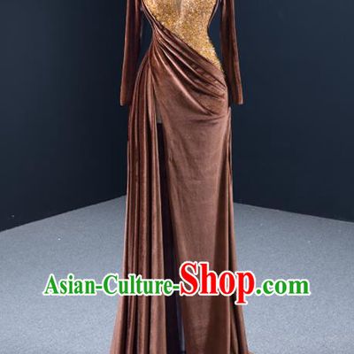 Custom Luxury Wedding Dress Compere Garment Marriage Bride Brown Fishtail Full Dress Catwalks Formal Costume Ceremony Vintage Clothing