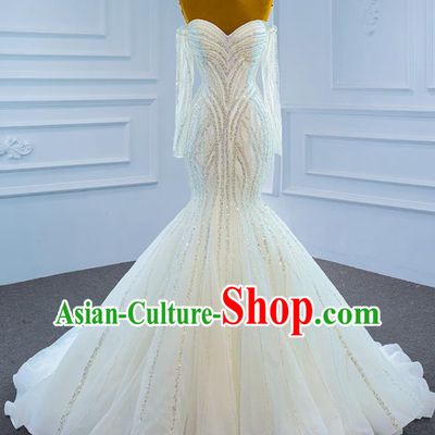 Custom Ceremony Vintage Clothing Luxury Wedding Dress Compere Garment Marriage Bride White Fishtail Full Dress Catwalks Formal Costume