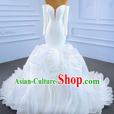 Custom Vintage Luxury White Flowers Trailing Wedding Dress Marriage Ceremony Formal Garment Bride Fishtail Full Dress Catwalks Costume Compere Stage Clothing