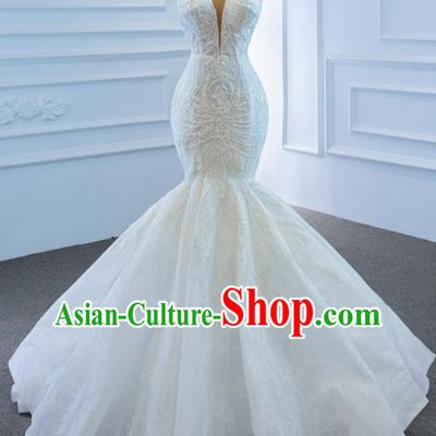 Custom Luxury Fishtail Wedding Dress Vintage Formal Garment Bride Embroidery Beads Full Dress Catwalks Princess Costume Ceremony Compere Clothing