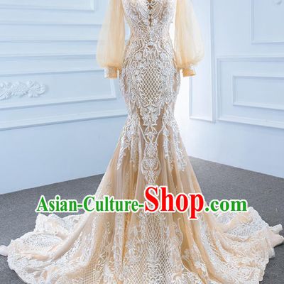 Custom Luxury Trailing Formal Garment Embroidery Lace Full Dress Catwalks Princess Costume Ceremony Bride Clothing Vintage Champagne Wedding Dress