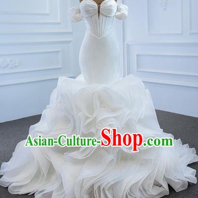 Custom Marriage Bride Clothing Vintage Flowers Fishtail Wedding Dress Luxury Formal Garment Compere White Full Dress Catwalks Princess Costume
