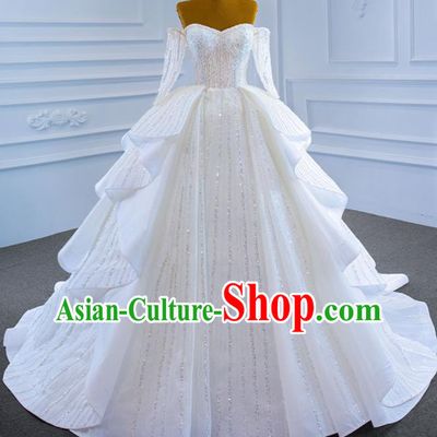 Custom Compere Embroidery Sequins Garment Marriage Bride White Trailing Full Dress Catwalks Formal Costume Ceremony Vintage Clothing Luxury Wedding Dress