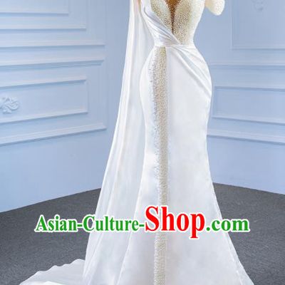 Custom Ceremony Vintage Clothing Luxury Fishtail Wedding Dress Compere Embroidery Pearls Garment Marriage Bride White Satin Full Dress Catwalks Formal Costume