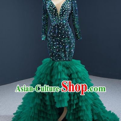 Custom Marriage Bride Clothing Vintage Wedding Dress Luxury Formal Garment Compere Green Veil Fishtail Full Dress Catwalks Princess Costume