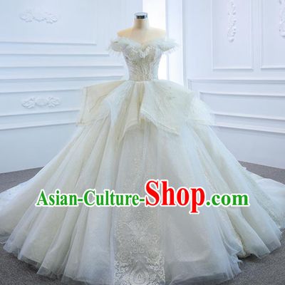 Custom Compere Trailing Full Dress Catwalks Princess Costume Marriage Bride Clothing Vintage White Wedding Dress Luxury Embroidery Pearls Formal Garment