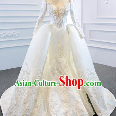 Custom Luxury Embroidery Formal Garment Compere Trailing Full Dress Catwalks Princess Costume Marriage Bride Clothing Vintage White Satin Wedding Dress