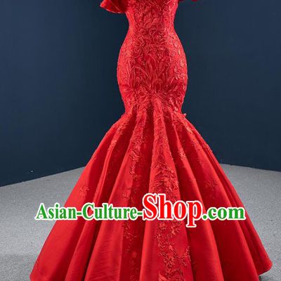 Custom Vintage Bride Clothing Wedding Dress Marriage Embroidery Formal Garment Compere Luxury Red Fishtail Full Dress Catwalks Princess Costume