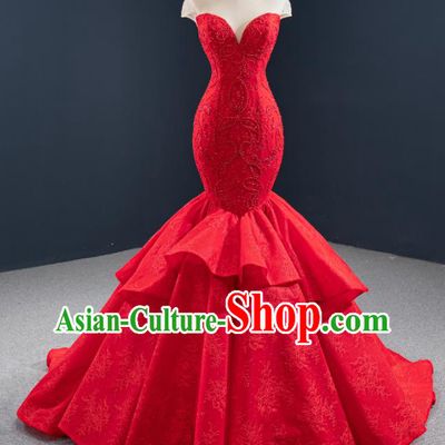 Custom Compere Luxury Red Fishtail Full Dress Catwalks Princess Costume Vintage Bride Clothing Wedding Dress Marriage Embroidery Formal Garment