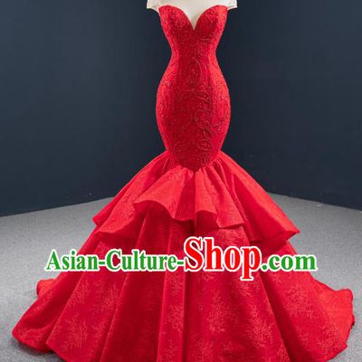 Custom Vintage Wedding Dress Marriage Embroidery Formal Garment Compere Luxury Red Fishtail Full Dress Catwalks Princess Costume Bride Clothing