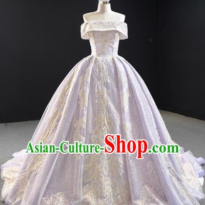 Custom Vintage Embroidery Lace Wedding Dress Marriage Formal Garment Compere Luxury Lilac Trailing Full Dress Catwalks Princess Costume Bride Clothing