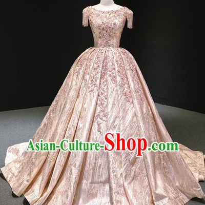 Custom Marriage Luxury Trailing Full Dress Catwalks Princess Costume Vintage Bride Clothing Embroidery Pink Wedding Dress Compere Formal Garment