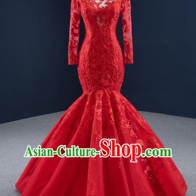 Custom Marriage Bride Clothing Vintage Embroidery Fishtail Wedding Dress Luxury Formal Garment Compere Red Lace Full Dress Catwalks Princess Costume