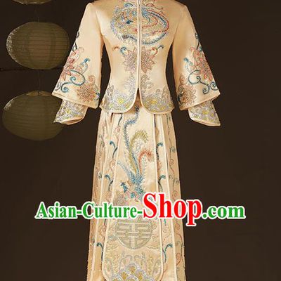 China Wedding Diamante Garment Costumes Bride Dress Outfits Traditional Champagne Xiuhe Suits Embroidery Bridal Attire Clothing