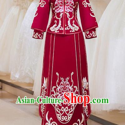 China Traditional Red Xiuhe Suits Embroidery Peony Bridal Attire Clothing Wedding Garment Costumes Bride Dress Outfits
