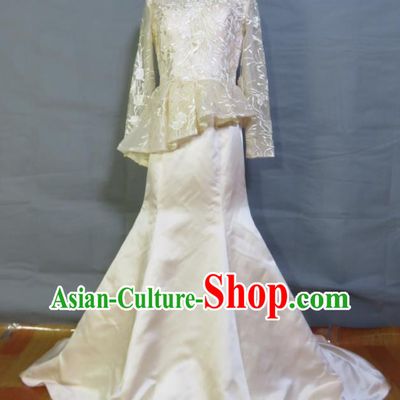 Custom Photography Clothing Beige Satin Wedding Dress Modern Dance Fashion Costume Bride Trailing Full Dress