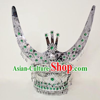 Chinese Miao Nationality Stage Performance Hat Dong Minority Woman Silver Headdress Ethnic Bride Wedding Headwear