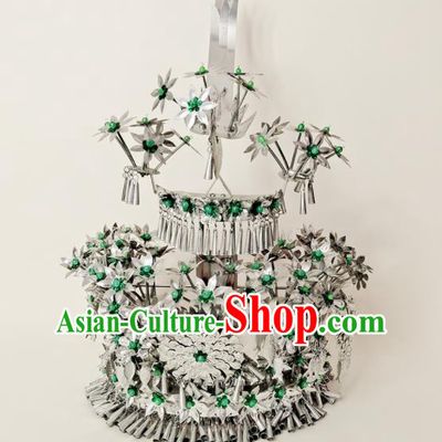 Chinese Dong Minority Woman Silver Headdress Miao Ethnic Bride Wedding Headwear Hmong Nationality Stage Performance Hat
