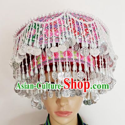 Chinese Yao Minority Woman Wedding Headdress Yunnan Ethnic Bride Headwear Miao Nationality Stage Performance Tassel Hat