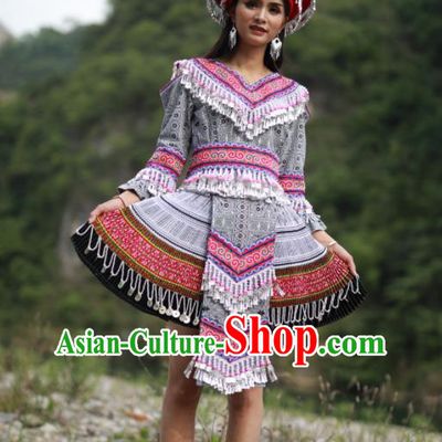 China Hmong Ethnic Dance Grey Dress Outfits Traditional Yunnan Minority Garment Costumes Miao Nationality Woman Clothing Photography Clothing