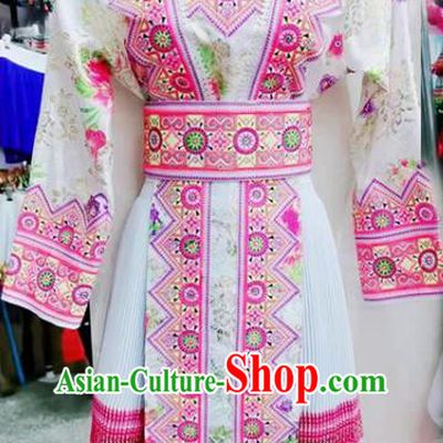 China Photography Clothing Hmong Ethnic Dance White Dress Outfits Traditional Yunnan Minority Folk Dance Garment Costumes Miao Nationality Woman Clothing