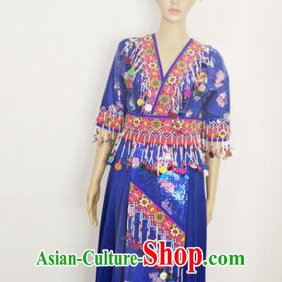 China Traditional Yunnan Minority Bride Garments Miao Nationality Wedding Costume Photography Clothing Hmong Ethnic Dance Blue Dress Outfits