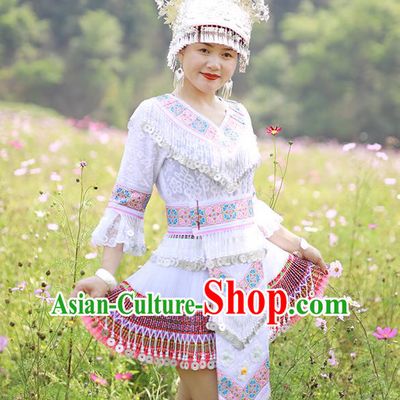 China Miao Nationality Woman Clothing Photography Clothing Hmong Ethnic Dance White Dress Outfits Traditional Yunnan Minority Garment Costumes
