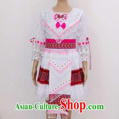 China Traditional Hmong Festival White Dress Outfits Yunnan Minority Woman Garments Miao Nationality Folk Dance Costumes Ethnic Performance Clothing