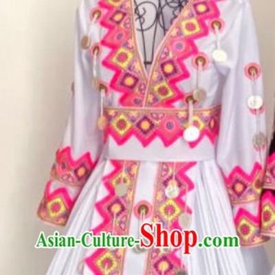 China Ethnic Performance Clothing Traditional Hmong White Skirt Outfits Yunnan Minority Folk Dance Garments Miao Nationality Wedding Costumes