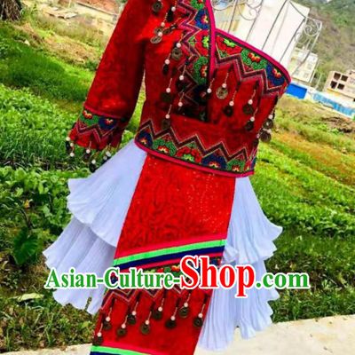 China Ethnic Performance Clothing Traditional Hmong Folk Dance Dress Outfits Yunnan Minority Garments Miao Nationality Female Costumes