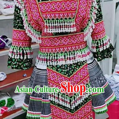 China Miao Nationality Female Costumes Ethnic Performance Clothing Traditional Hmong Folk Dance Dress Outfits Guizhou Minority Garments