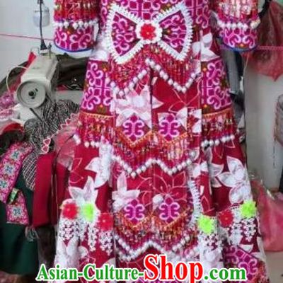 China Guizhou Minority Bride Garments Miao Nationality Folk Dance Costumes Yunnan Ethnic Wedding Clothing Traditional Hmong Woman Red Dress Outfits