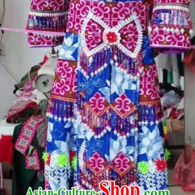 China Traditional Hmong Dance Blue Dress Outfits Guizhou Minority Bride Garments Miao Nationality Performance Costumes Yunnan Ethnic Wedding Clothing