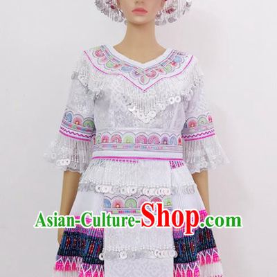 China Miao Nationality Folk Dance Costumes Ethnic Photography Clothing Traditional Hmong Festival White Dress Outfits Guizhou Minority Woman Garments